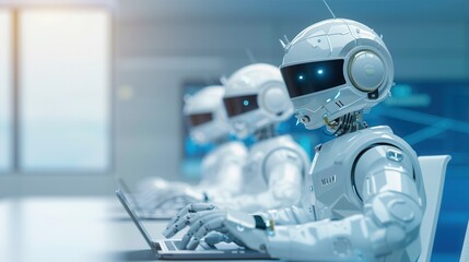 Multiple humanoid robots with advanced designs working on laptops in a bright, modern office setting, symbolizing AI and automation.