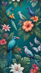 Tropical exotic pattern with animal and flowers in bright colors and lush vegetation