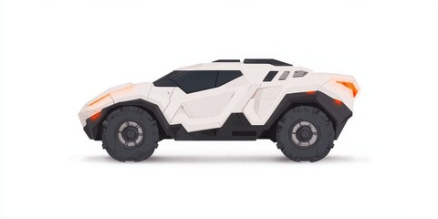 Futuristic off-road vehicle design with a sleek white exterior and robust tires.