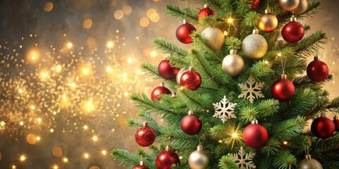 Fototapeta premium A Christmas tree adorned with red and gold ornaments, shimmering lights, and delicate snowflakes against a festive backdrop of sparkling bokeh.