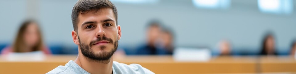 Fototapeta premium A man with a beard is sitting in a classroom. He is looking at the camera. There are other people in the background