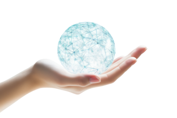 Close-up of a woman's hand supporting a digital globe with interconnected lines representing global communication, isolated on white background