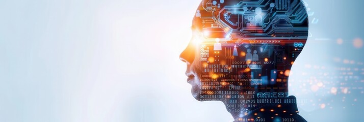 Side view of a human head silhouette overlaid with digital circuits, data patterns, and glowing futuristic technology elements.