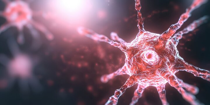 Microbial cells illuminated in a vibrant, abstract view showcasing cellular structures.