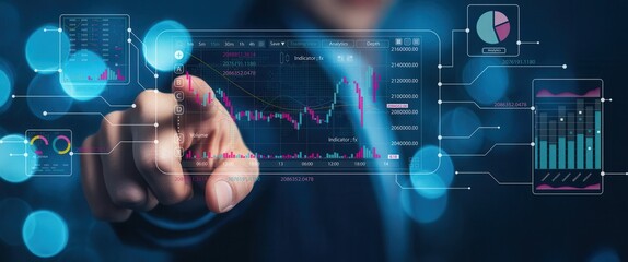 A person interacts with a digital interface showcasing graphs and data analytics, emphasizing technology and data visualization in a modern business setting.