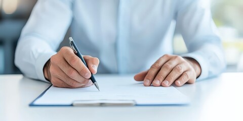 Professional hands writing notes on a clipboard in a modern office environment.