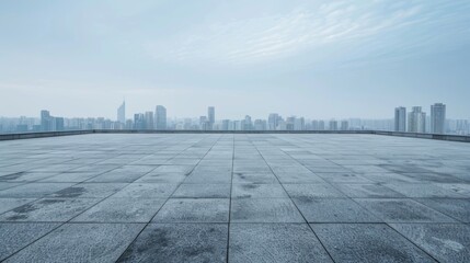 Fototapeta premium Empty square floor with city skyline background, Cityscape with architectural juxtaposition, eclectic mix of architectural styles creating visual contrast