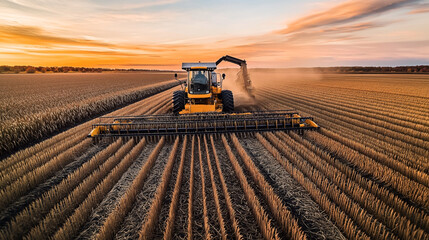Fototapeta premium A modern combine harvester efficiently harvesting a golden wheat field at sunset, with dust rising from the machine. The vast agricultural landscape stretches to the horizon under a colorful sky.