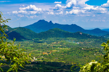 Beautiful landscape with mountains and blue sky. Yercaud hill station, Tamil Nadu, India