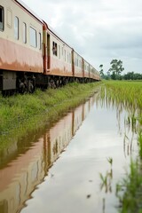 Obraz premium Train By Paddy Fields Under Overcast Sky