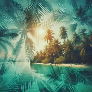 Multiple exposure of palm fronds overlaid on top of tranquil tur