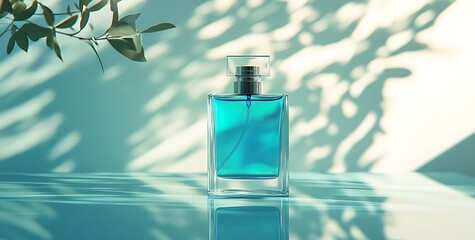  Elegant blue perfume bottle with liquid glass texture on a simple table, featuring a soft gradient of light green, sky-blue, light gray, and dark aquamarine hues, ideal for product design and luxury 