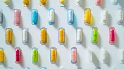 Blister packs of tablets and capsules neatly arranged in a grid pattern, highlighting vibrant colors and reflective foil surfaces, creating a modern and organized pharmaceutical presentation.