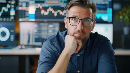 A businessman wearing glasses in a thoughtful pose, surrounded by multiple monitors displaying financial charts and data in an office.