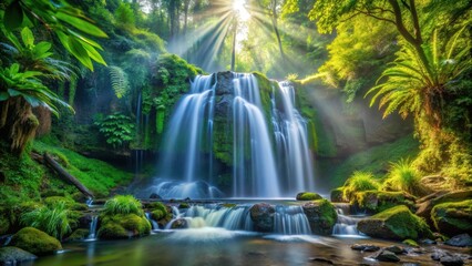 Obraz premium A cascading waterfall tumbles through a lush, verdant forest, illuminated by the golden rays of sunlight filtering through the canopy, creating a serene and enchanting scene.
