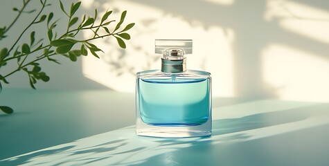  Elegant blue perfume bottle with liquid glass texture on a simple table, featuring a soft gradient of light green, sky-blue, light gray, and dark aquamarine hues, ideal for product design and luxury 