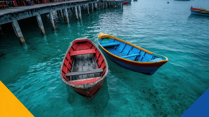 Obraz premium Two Colorful Wooden Boats Floating on Clear Blue Water near a Wooden Pier in a Tropical Seaside Location Ideal for Travel and Nature Photography