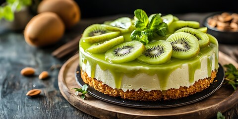  Photorealistic image of a kiwi cake with creamy cheese layers and green-colored chocolate, topped with fresh kiwifruit slices, placed on a dark grey stone or marble surface with scattered coffee bean