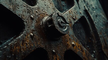 Close-up of a rusty industrial gear with a bolt, showcasing wear and age.
