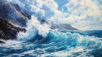 A large wave breaking against a rocky coastline under a blue sky with fluffy clouds.