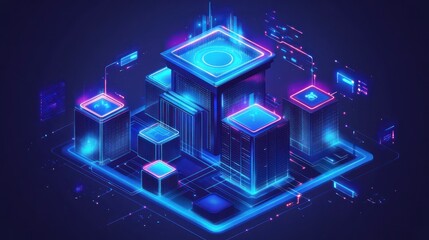 A futuristic cityscape with glowing buildings and digital elements, representing technology.