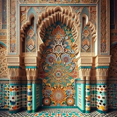 Intricate Moroccan tilework and architecture, featuring vibrant colors and traditional patterns.