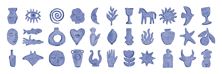 Watercolor abstract mediterranean shapes set, vector hand drawn blue ink Greece sign, summer logo. Minimalistic sea natural design objects, naive vacation creative figure, sun, flower. Abstract shapes