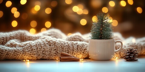 cozy Christmas background with a small pine tree, stars, and cinnamon in a ceramic mug on a white table against a blurred lights garland. A banner for a holiday party concept