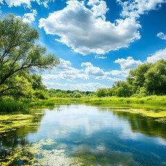 Obraz premium Serene Landscape of Tranquil River Under Bright Blue Sky with Fluffy White Clouds, Surrounded by Lush Green Vegetation and Reflective Water Surface