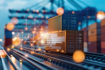 Shipping containers stacked on rails at a freight terminal with glowing holographic logistics data, representing smart transportation technology.