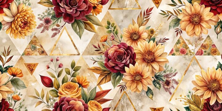 Watercolor Autumnal Floral Pattern with Geometric Triangles and Marble Texture