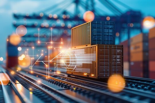 Shipping containers stacked on rails at a freight terminal with glowing holographic logistics data, representing smart transportation technology.