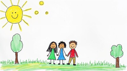 children's drawing of a 6 year old child. three friends on a green lawn