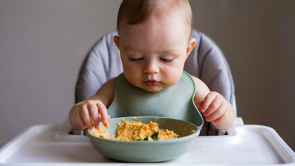 A baby in a high chair wearing a bib, playfully exploring a bowl of mashed veggies during a lively mealtime.