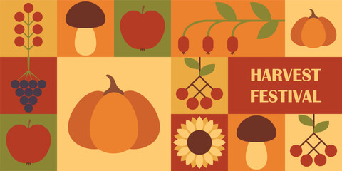 Harvest Festival geometric collage. Mosaic pattern. Festive banner with pumpkin, rosehip and sunflower. Vector illustration