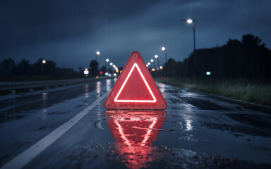 Red emergency warning triangle on a wet road at night, reflecting in the rain under dim streetlights. Ideal for road safety, caution, and emergency-themed projects