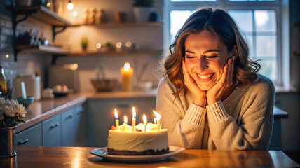 Woman smiling at birthday cake in cozy kitchen