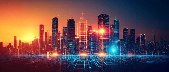 A futuristic city skyline at dusk