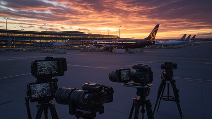 Row of high-end cameras on tripods capturing airplanes at an airport terminal during sunset with vibrant sky, showcasing airport operations and photography setup.