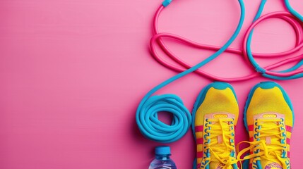 Flat lay vibrant yellow and blue sneakers, a jump rope, and a water bottle placed against a pink background. Colorful and energetic workout gear perfect for fitness enthusiasts.