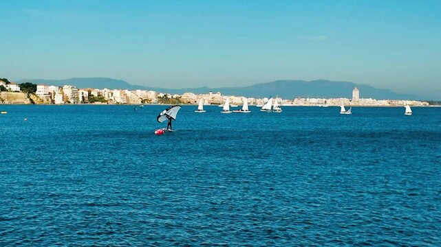 A serene view of a boat floating on calm waters in Anzio, Italy, captured in 4K resolution Perfect for travel, tourism, and maritime themes, showcasing tranquil seascapes a peaceful coastal enviroment