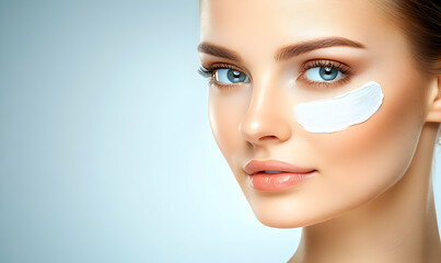 Obraz premium Close-up portrait of a young woman applying eye cream, showcasing radiant skin and natural beauty. Ideal for beauty, skincare, and cosmetic advertising.