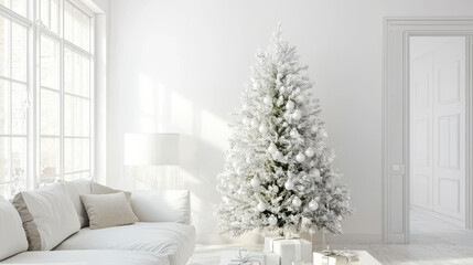cozy living room with white Christmas tree and gifts