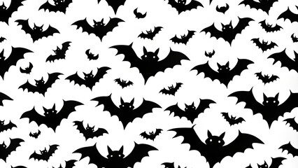 Fototapeta premium The design features numerous black bats of various sizes soaring against a stark white backdrop, perfect for Halloween-themed projects and decorations, creating a creepy ambiance