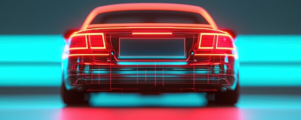 Obraz premium A sleek, futuristic car with glowing red lights stands against a vibrant blue backdrop, showcasing modern design and illuminated features.