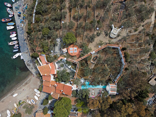Aerial top down of Casa Dali house of Salvador Dali and Port Lligat Village in Costa Brava