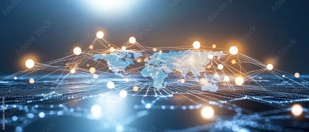 Poster a digital representation of a global network with interconnected nodes and a world map.