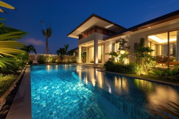 Fototapeta premium Luxury Villa Reflects in a Tranquil Pool at Night with Tropical Landscaping
