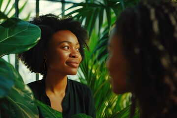 Group of diverse professionals engaging in conversation in an eco-friendly workspace