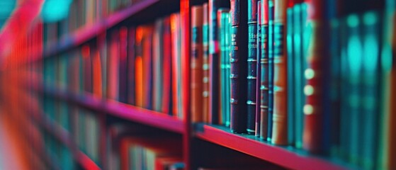 Obraz premium A colorful blurred view of a bookshelf filled with various books.